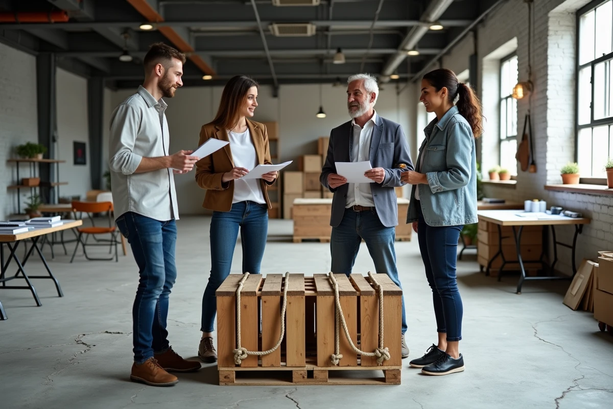 &Eacute;quipe pluridisciplinaire &eacute;valuant un prototype de mobilier urbain recycl&eacute; dans un entrep&ocirc;t reconverti, incarnant l'approche Jugaad dans la conception des services publics