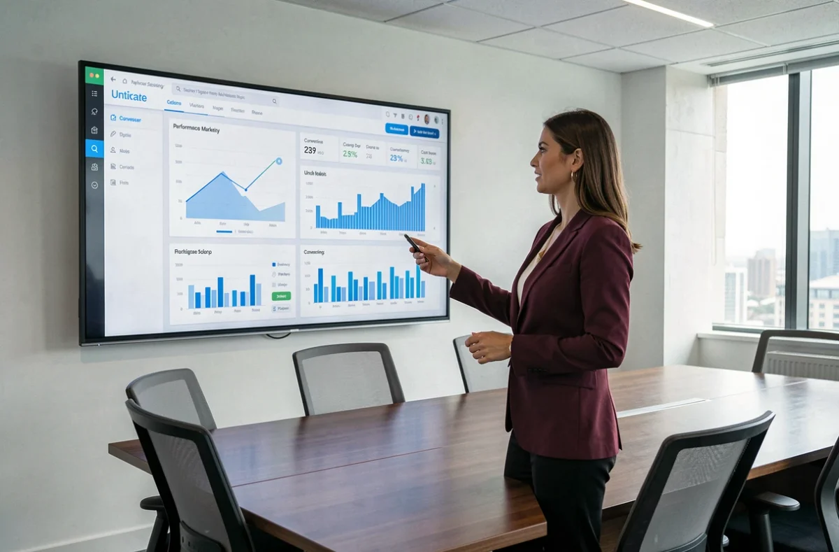 Stratège marketing de Leadformance présentant un tableau de bord de performance dans une salle de réunion d'agence corporate