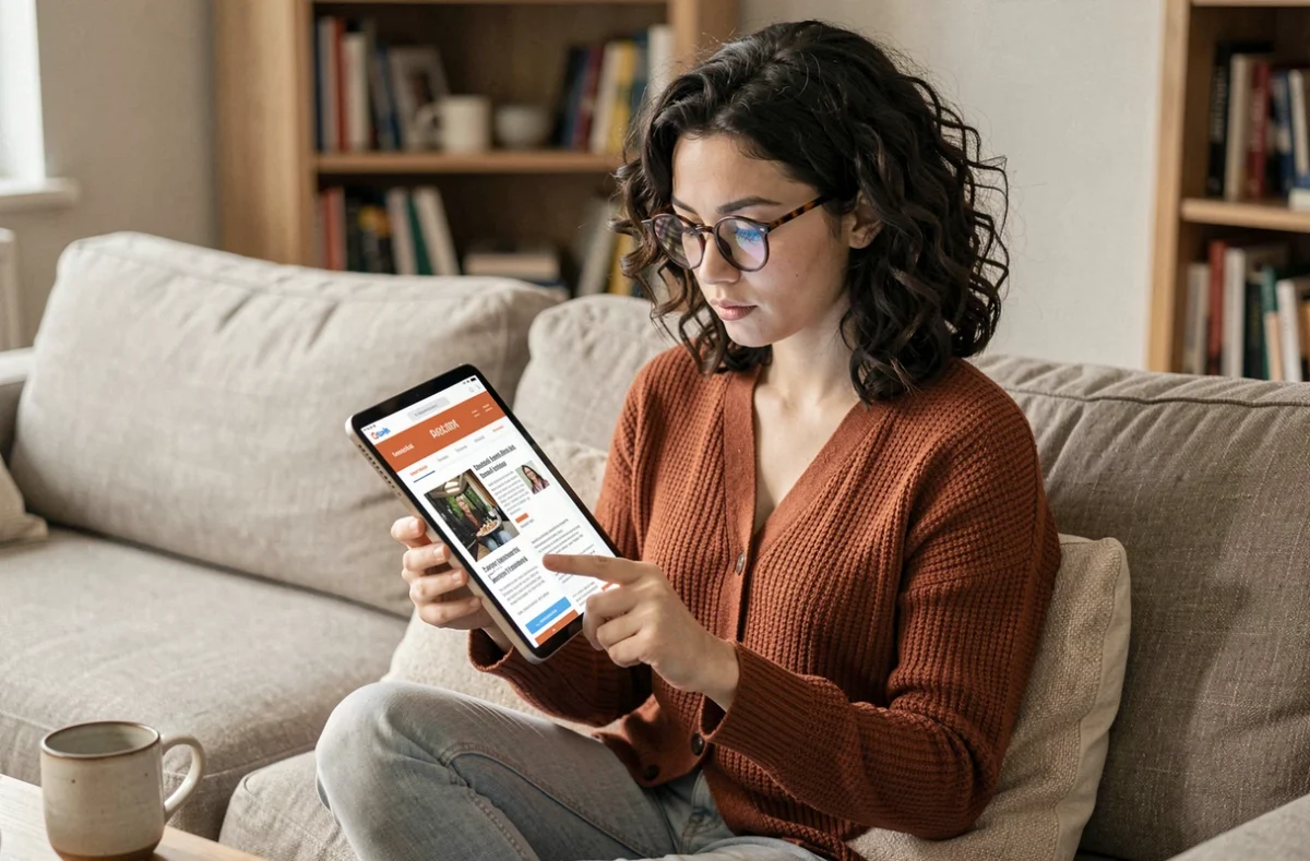 Jeune femme lisant un contenu numérique adapté sur tablette dans un salon cosy
