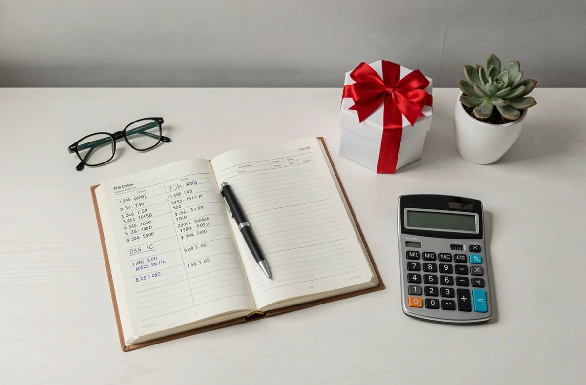 Livre comptable ouvert avec codes de compte et boîte cadeau salarié sur un bureau de travail