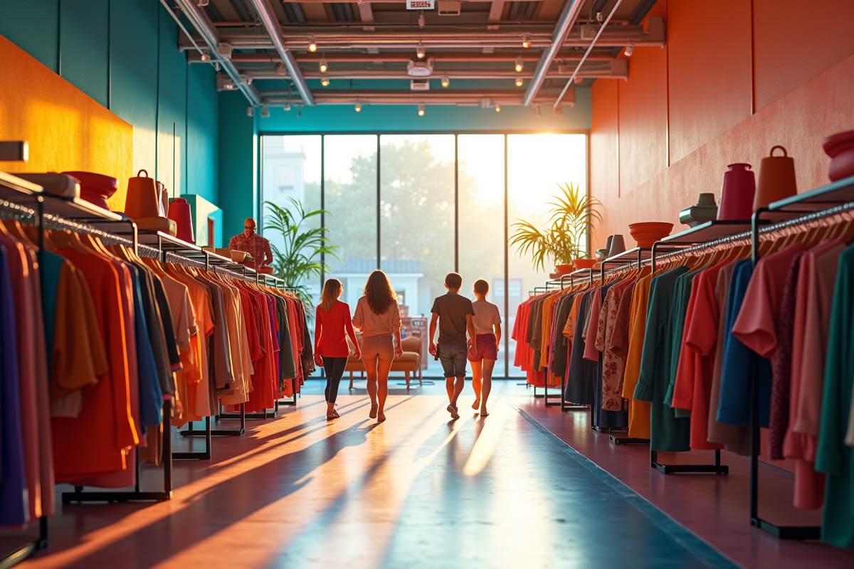 Intérieur coloré d un magasin de vêtements avec clients heureux