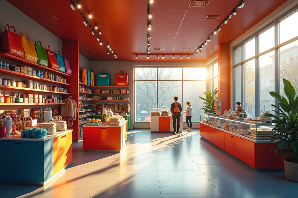 Intérieur d'un magasin coloré avec clients et lumière naturelle
