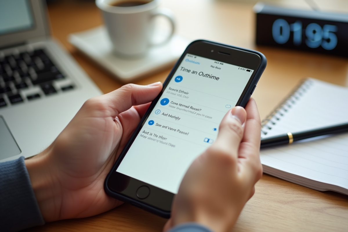 Mains utilisant smartphone pour programmer un email dans Outlook