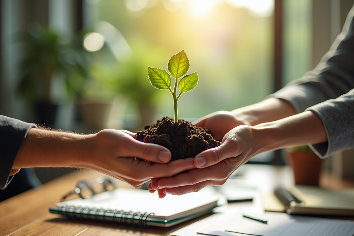 Deux mains échangeant une petite plante verte en terre