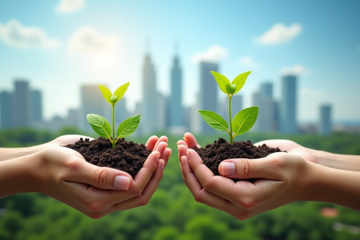 Mains tenant de petites plantes vertes avec un paysage urbain en arrière-plan
