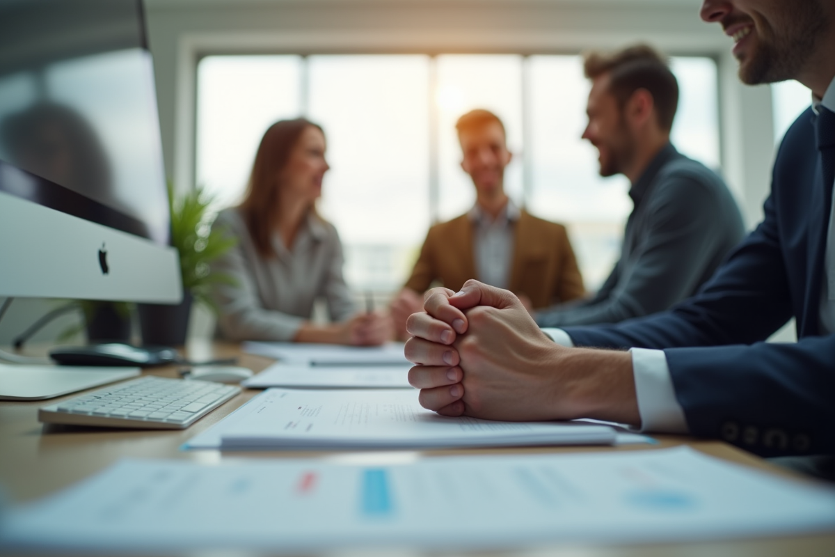 Mains tendues montrant le stress au bureau avec collègues souriants