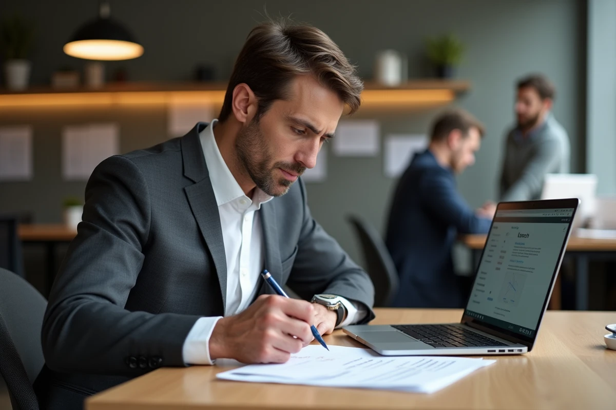 Manager B2B analysant des documents de communication multilingues pour adapter l'identité de marque à des marchés internationaux
