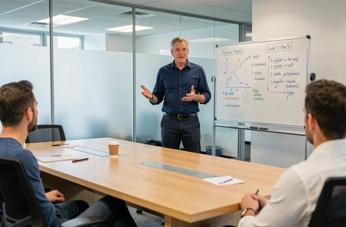 Manager animant une réunion d'équipe dans une salle de conférence, évoquant l'ambiance et la communication interne en entreprise