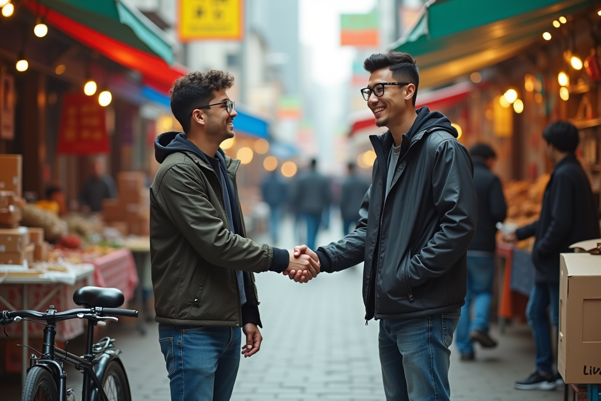 Deux jeunes hommes se serrant la main dans un marché animé
