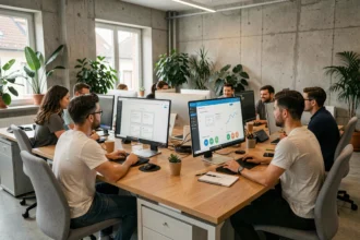 Équipe d'une agence web en Isère travaillant ensemble dans un bureau moderne avec des écrans affichant des maquettes de sites web