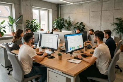 Équipe d'une agence web en Isère travaillant ensemble dans un bureau moderne avec des écrans affichant des maquettes de sites web