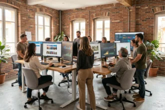 Vue d'ensemble d'une agence web moderne dans le Tarn avec des professionnels travaillant sur des projets digitaux