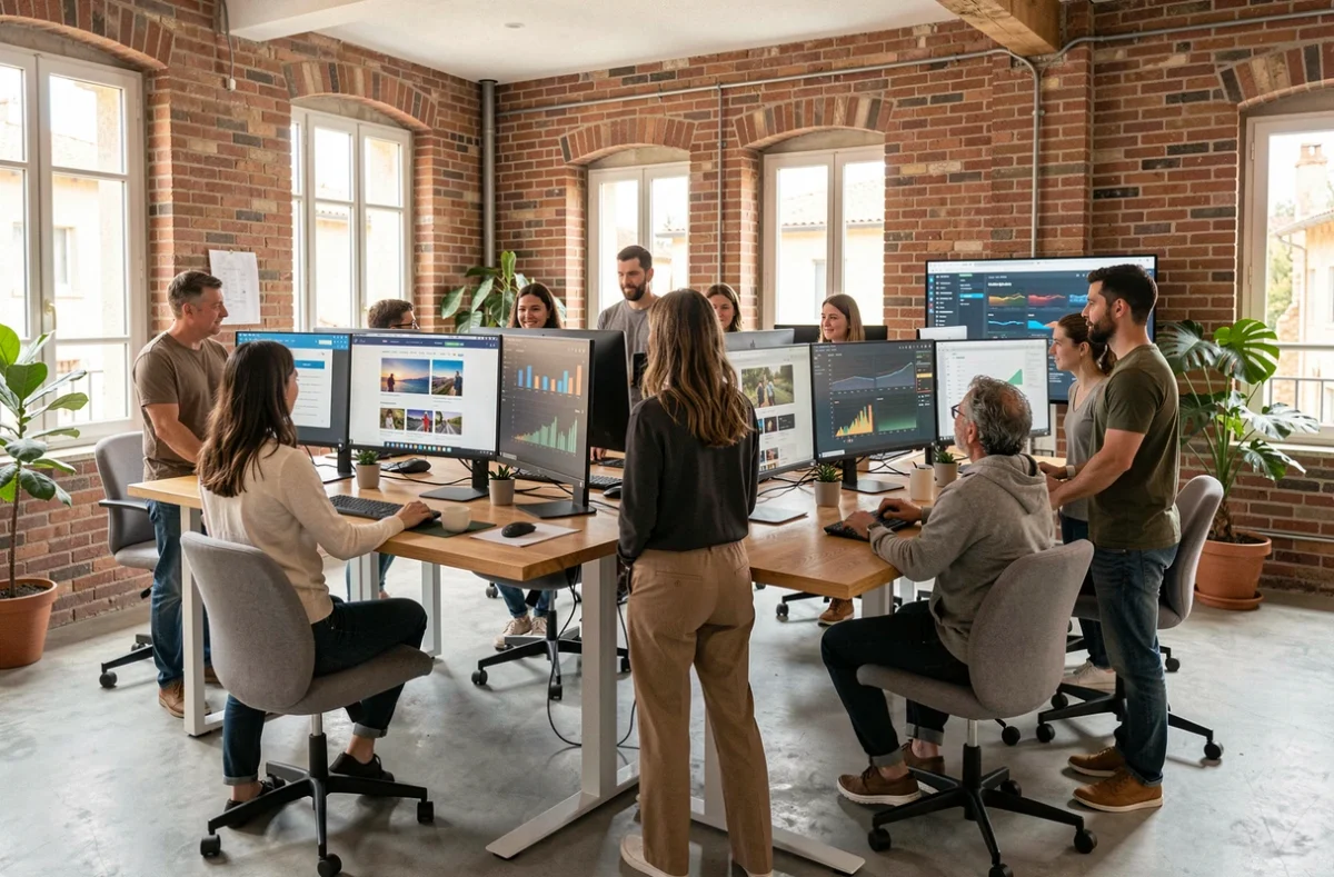 Vue d'ensemble d'une agence web moderne dans le Tarn avec des professionnels travaillant sur des projets digitaux