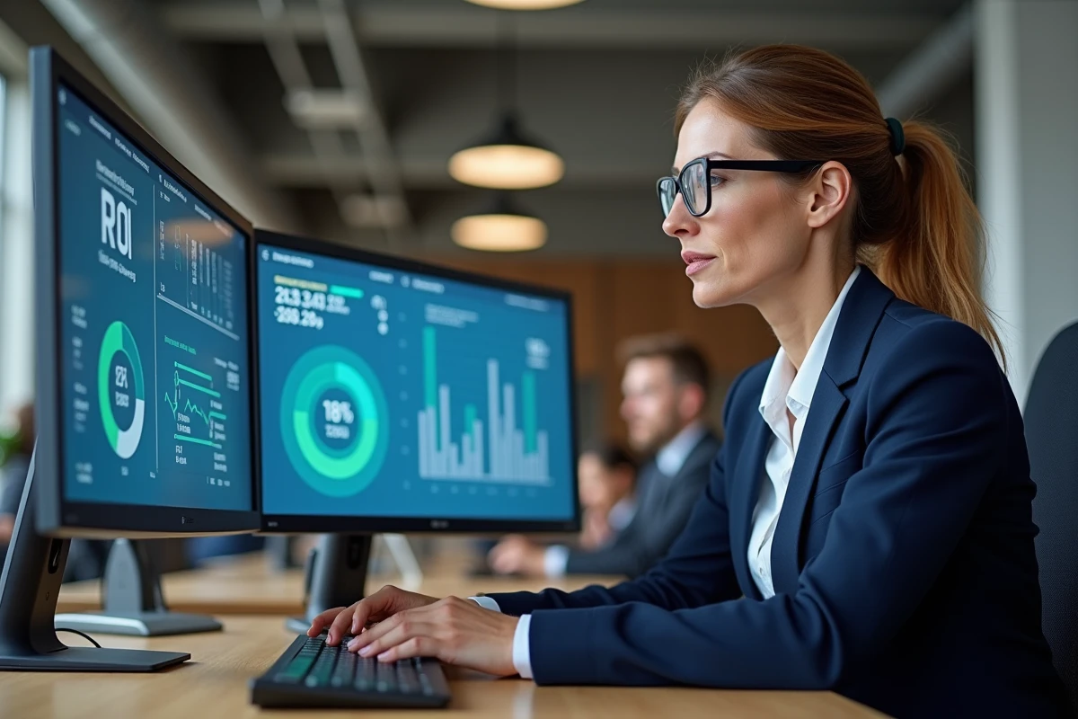 Professionnelle analysant le ROI d'un réseau d'entreprise sur des tableaux de bord numériques dans un open space moderne
