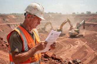 Mineur australien en gilet haute visibilité examinant un contrat d'emploi devant une mine à ciel ouvert en Australie-Occidentale