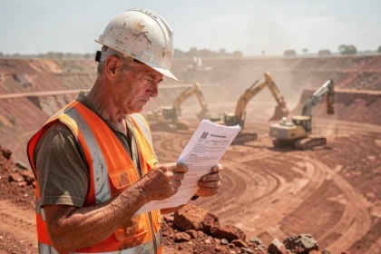 Mineur australien en gilet haute visibilité examinant un contrat d'emploi devant une mine à ciel ouvert en Australie-Occidentale