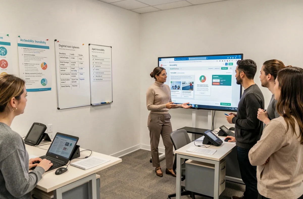 Consultante en accessibilité numérique de MSD Media présentant les fonctionnalités accessibles d'un site web à son équipe