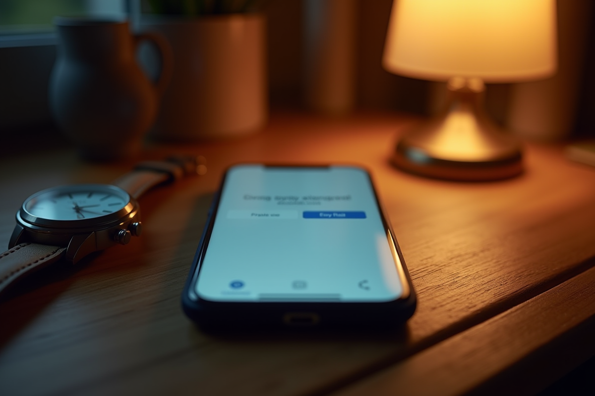 Smartphone avec notification email sur une table en soirée
