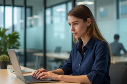 Nouvelle employée consultant le portail extranet GTm La Poste sur son ordinateur portable dans un bureau moderne