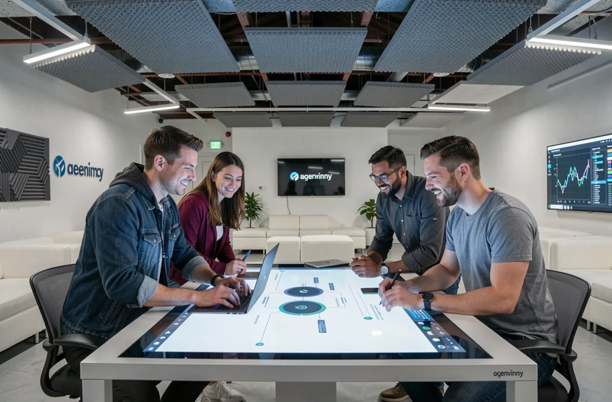 Équipe de développeurs et designers UX de Novius collaborant autour d'une table tactile interactive dans un studio d'innovation numérique