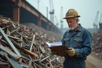 Ouvrier de ferraillerie Derichebourg examinant les cours des métaux dans un centre de recyclage industriel