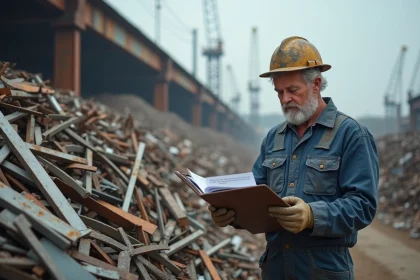 Ouvrier de ferraillerie Derichebourg examinant les cours des métaux dans un centre de recyclage industriel