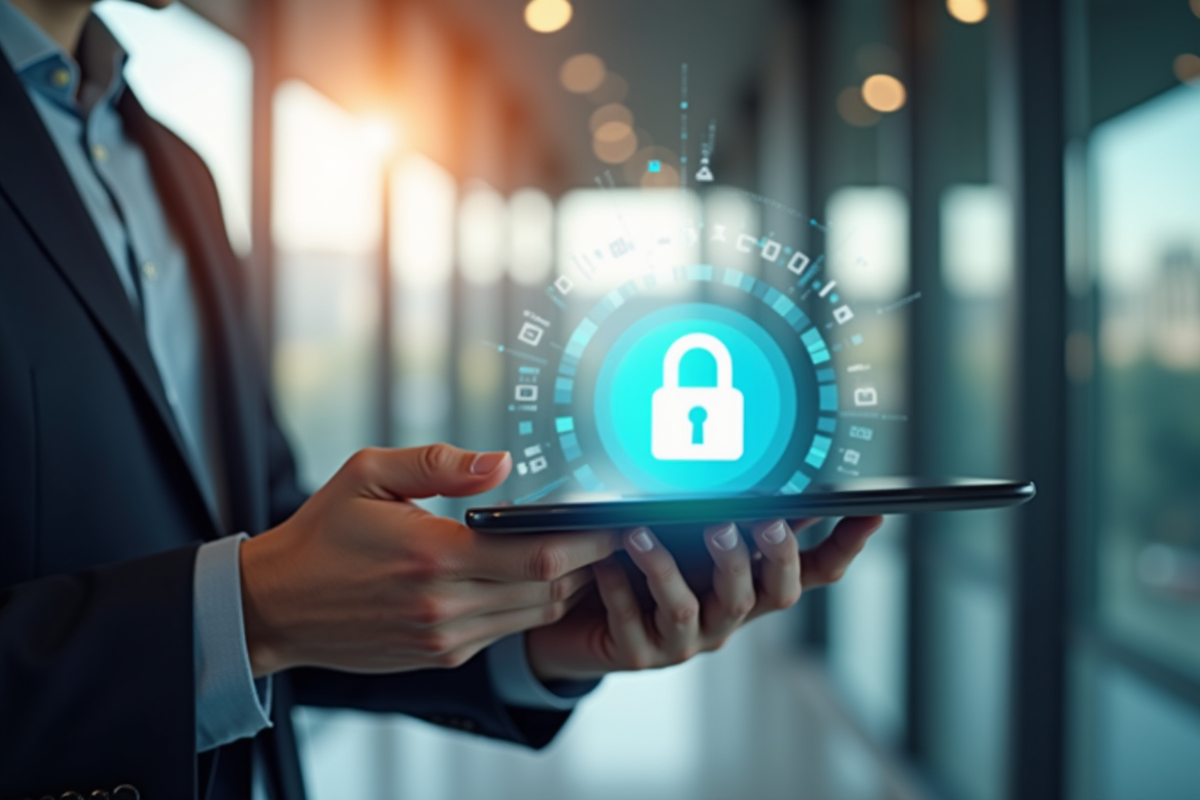 Personne dans un bureau moderne tenant une tablette avec cadenas