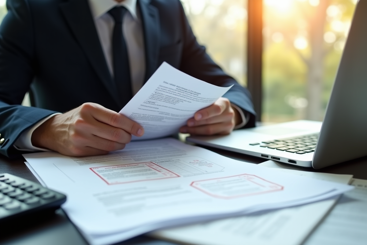 Professionnel en affaires examinant des documents légaux et financiers
