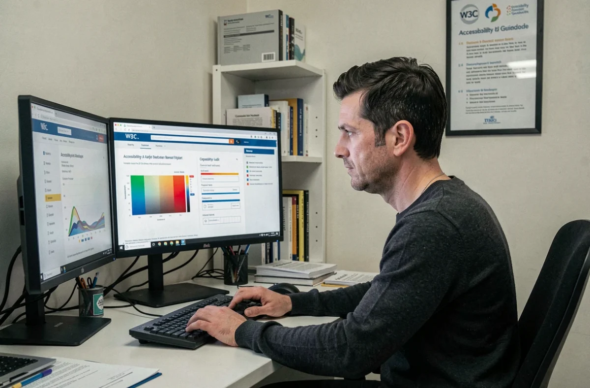 Webmaster de Pilote Info vérifiant l'accessibilité d'un site web sur son poste de travail