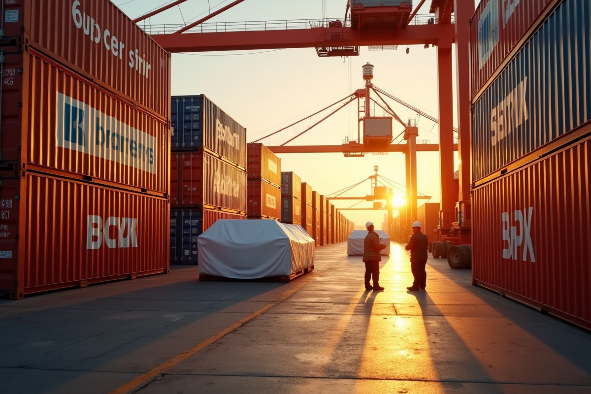 Port de conteneurs au lever du soleil avec chargement de caisses