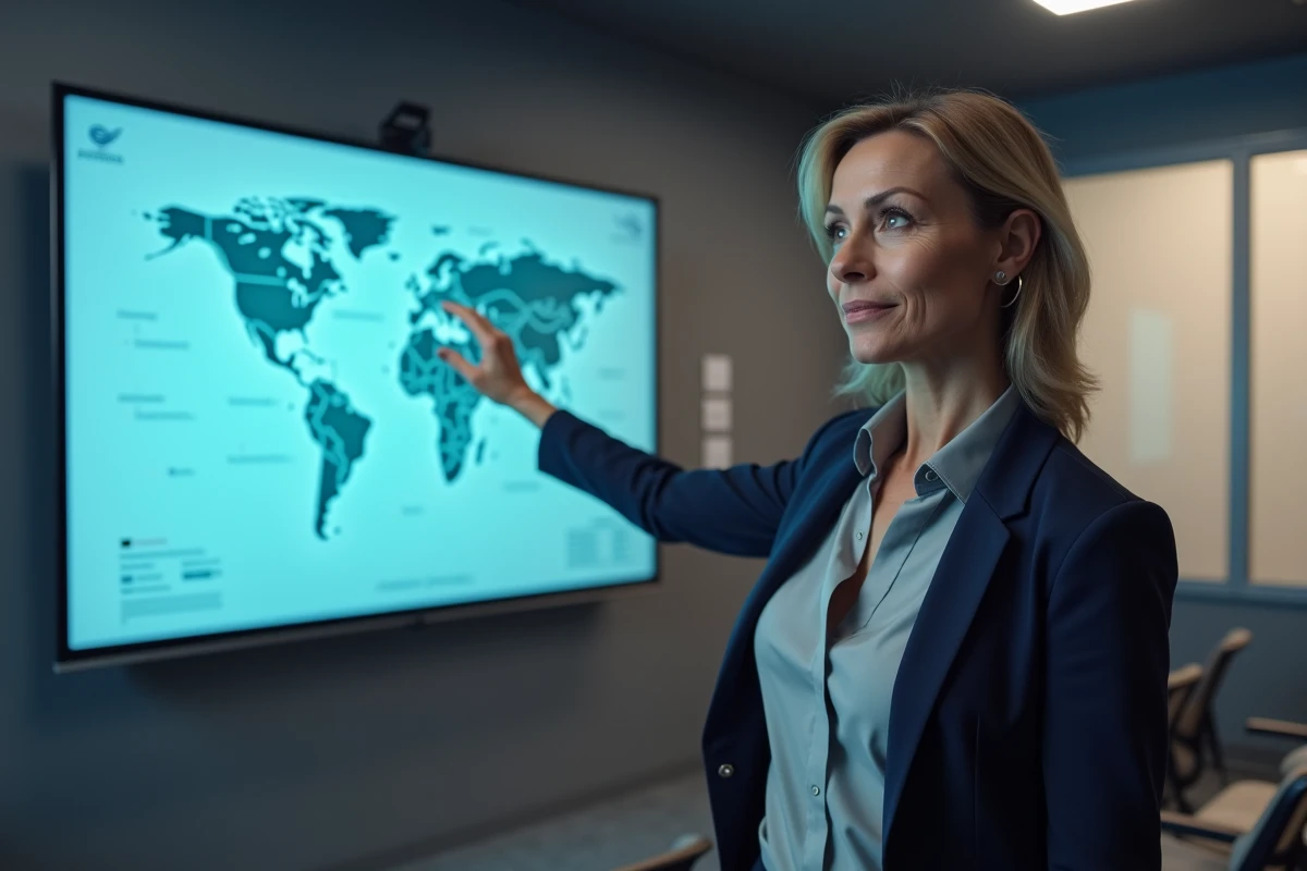 Professionnelle B2B présentant une stratégie d'adaptation de messages de marque à l'international sur un écran interactif