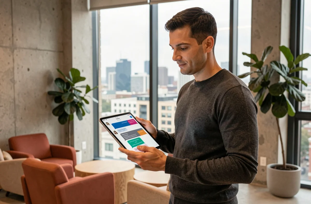 Professionnel consultant une interface de chat en direct avec assistance IA sur tablette dans un espace de travail contemporain