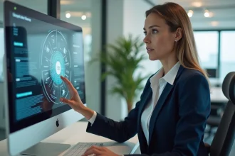 Professionnelle en blazer marine utilisant un portail numérique FDJ sur un grand écran de bureau dans un open space moderne