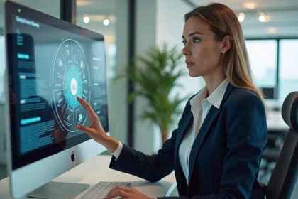 Professionnelle en blazer marine utilisant un portail numérique FDJ sur un grand écran de bureau dans un open space moderne
