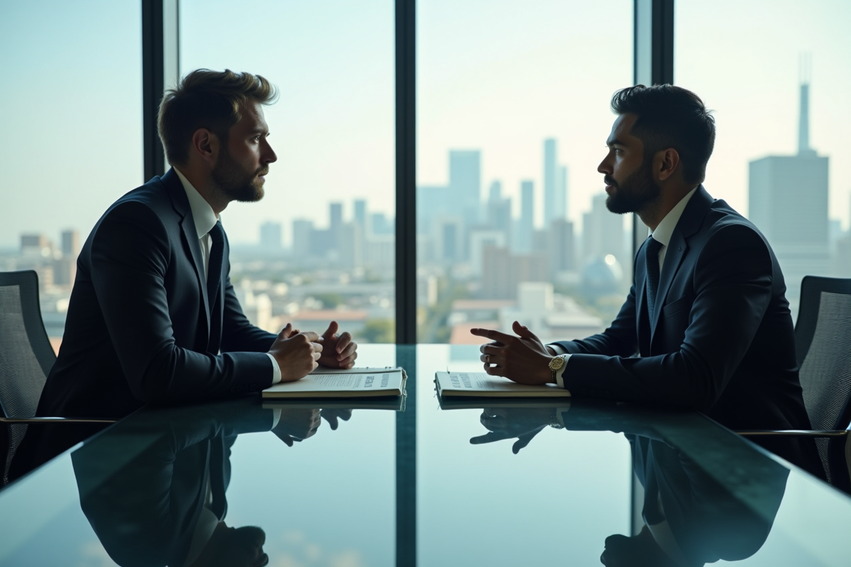 Deux professionnels en costume dans une salle lumineuse avec skyline