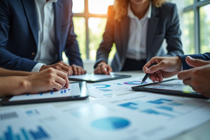 Trois professionnels analysant des graphiques en réunion