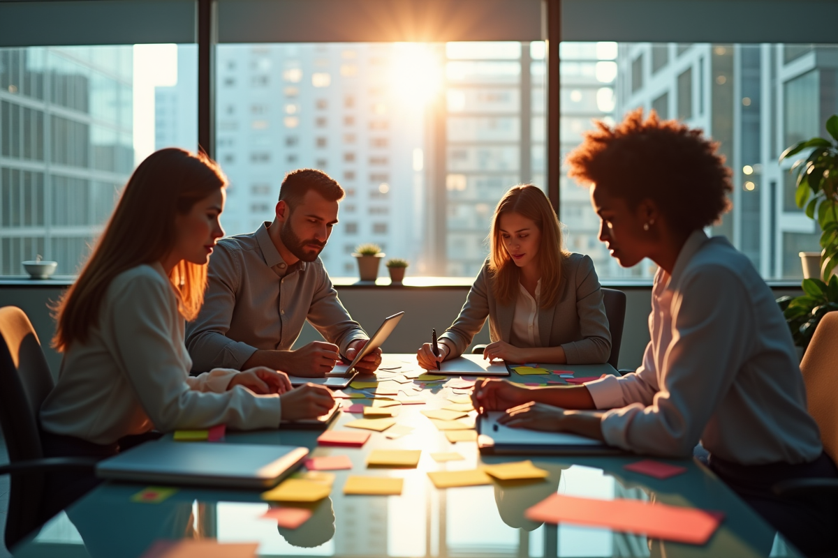 Quatre professionnels en réunion dans un bureau lumineux