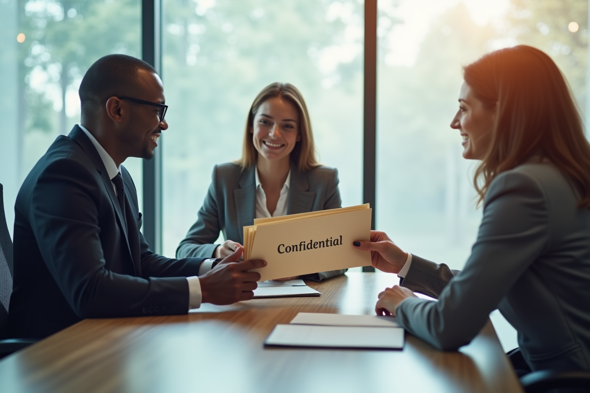 Trois professionnels échangeant des dossiers confidentiels en réunion