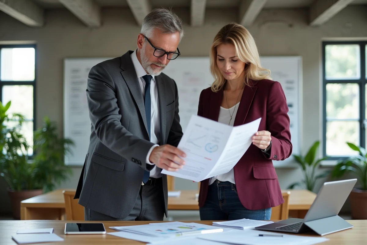 Deux professionnels analysant ensemble un bilan officiel et des données légales d'entreprise dans un espace de coworking