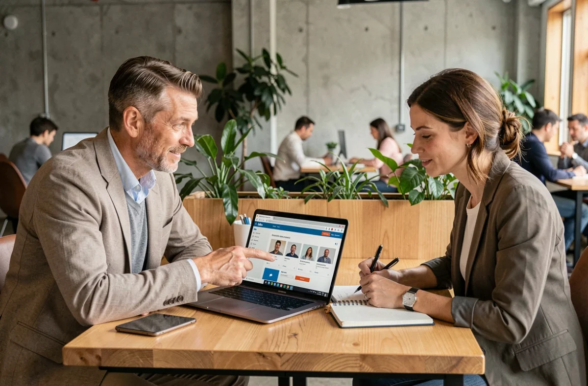 Deux professionnels dans un espace de coworking discutant d'une stratégie de négociation salariale pour un emploi en remote