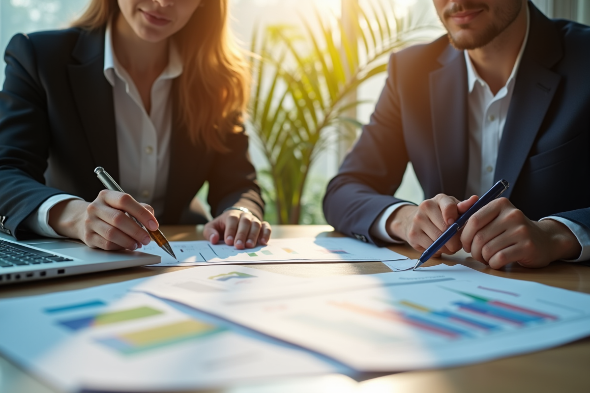 Deux professionnels en réunion avec graphiques financiers et plantes vertes
