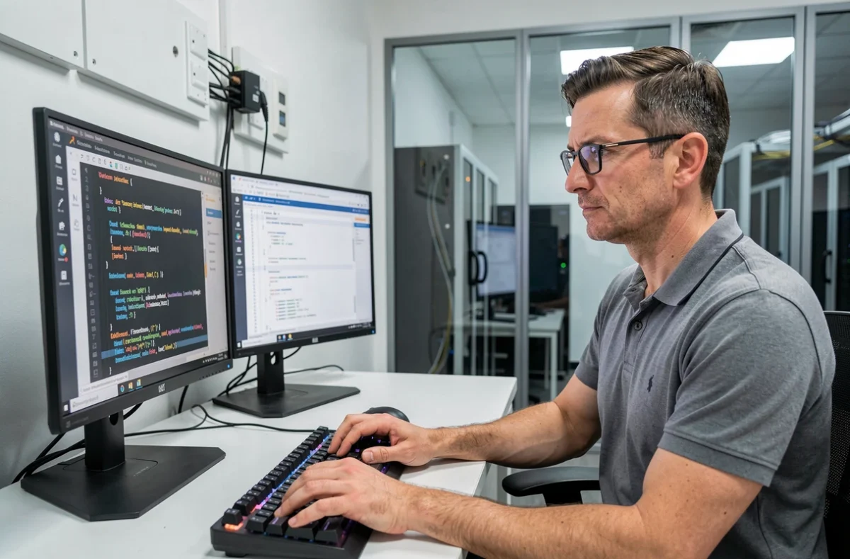 Développeur de Programmer Solutions codant un site internet dans un environnement technique et professionnel