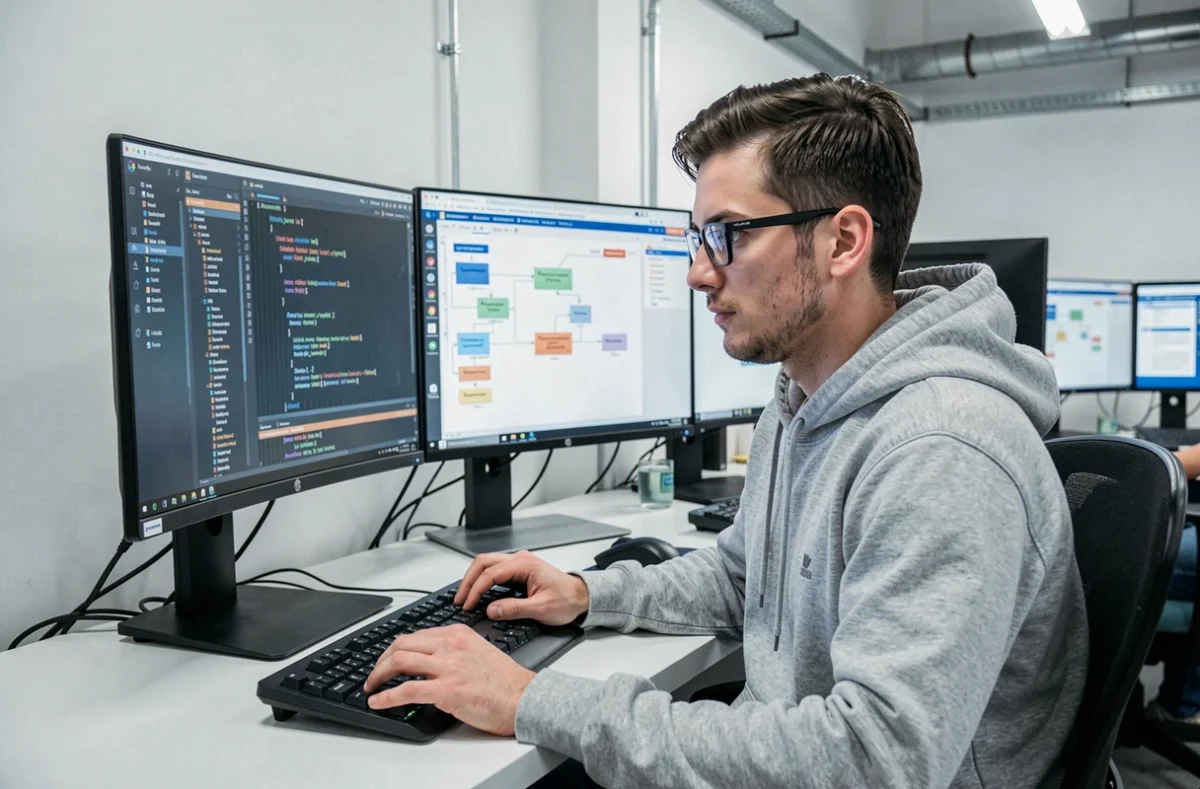 Développeur de Programmer Solutions concentré sur trois écrans affichant du code et une architecture serveur dans un bureau tech épuré