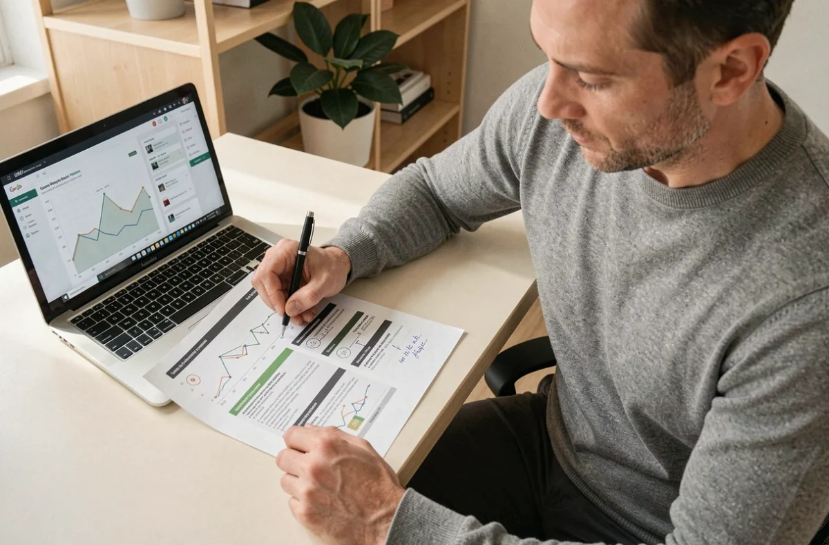 Entrepreneur analysant un rapport de tableau de bord MVP annoté à la main dans un bureau minimaliste à domicile