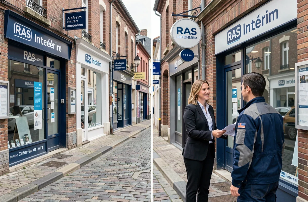 Recruteuse RAS Intérim accompagnant un candidat intérimaire devant une agence multisite en Centre-Val de Loire