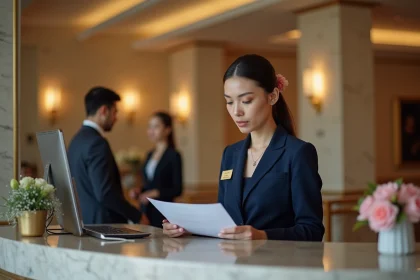 Réceptionniste d'hôtel en blazer marine derrière un bureau en marbre, illustrant les salaires dans l'hôtellerie en 2026
