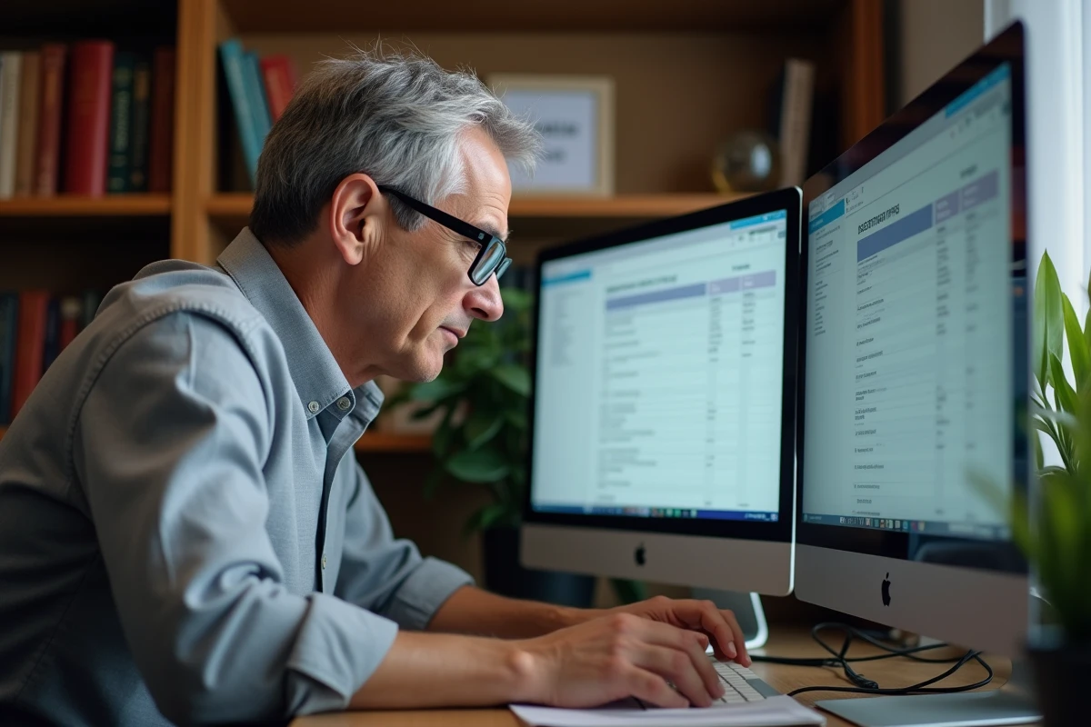 Entrepreneur consultant une base de données légale avec numéros SIREN et TVA sur double écran