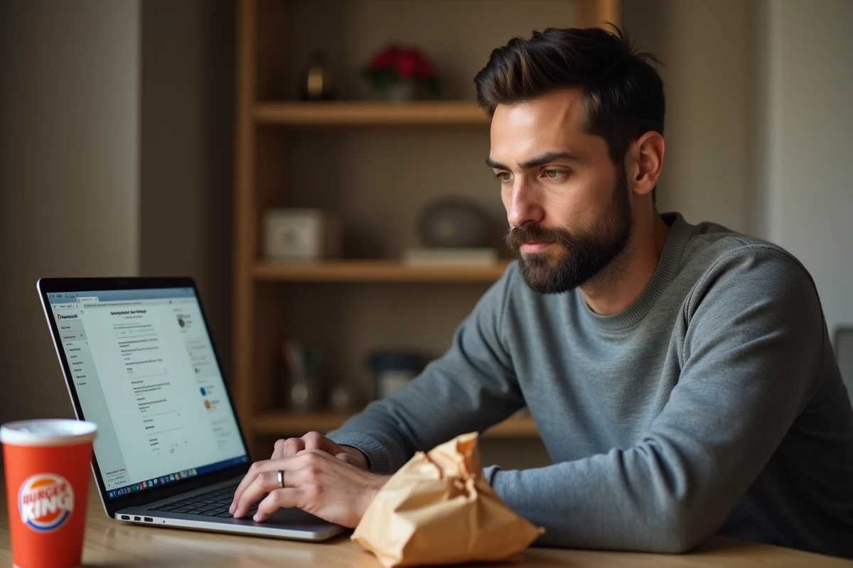 Homme rédigeant un avis sur BKvousecoute.fr depuis son bureau à domicile avec un repas Burger King