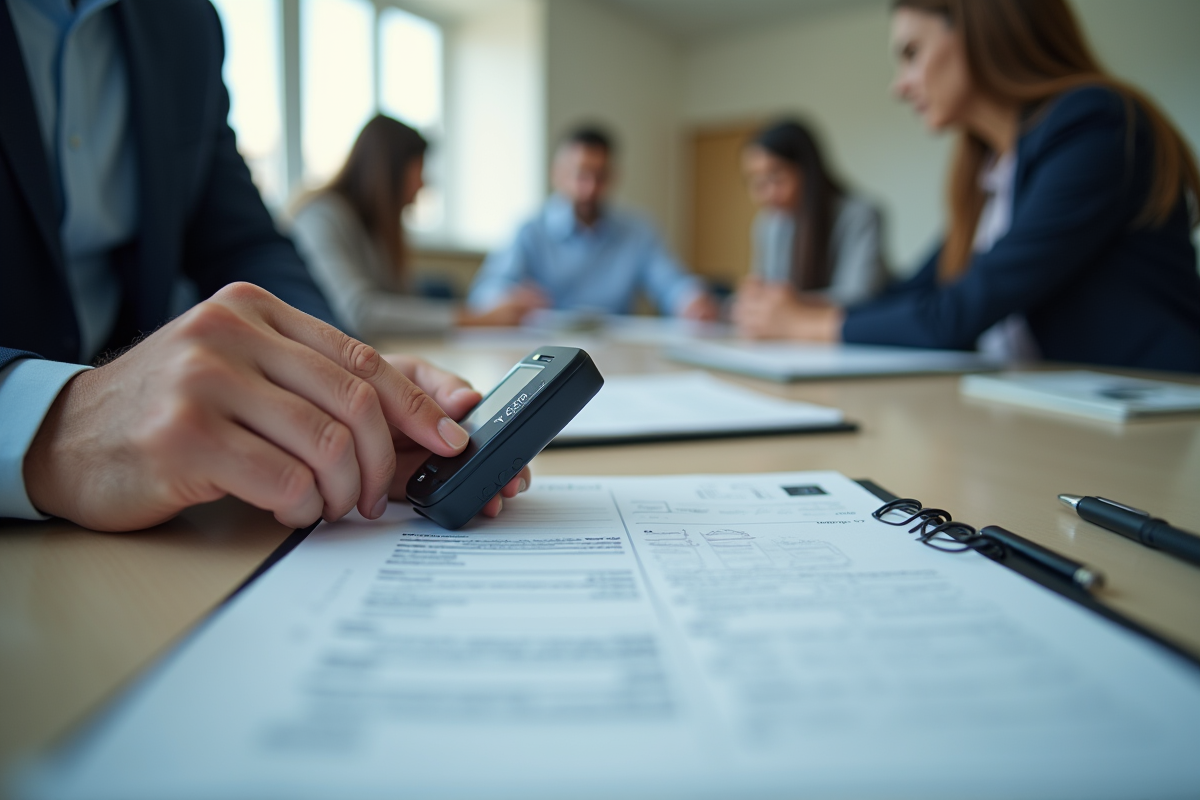 Mains ajustant un enregistreur vocal en réunion