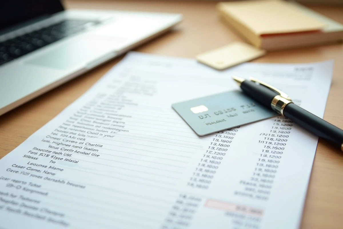 Vue aérienne d'un relevé bancaire imprimé, d'une carte de crédit et d'un stylo sur un bureau en bois pour identifier des achats en ligne